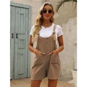 Women's Casual Cotton Linen Rompers Overalls Jumpsuit Brown